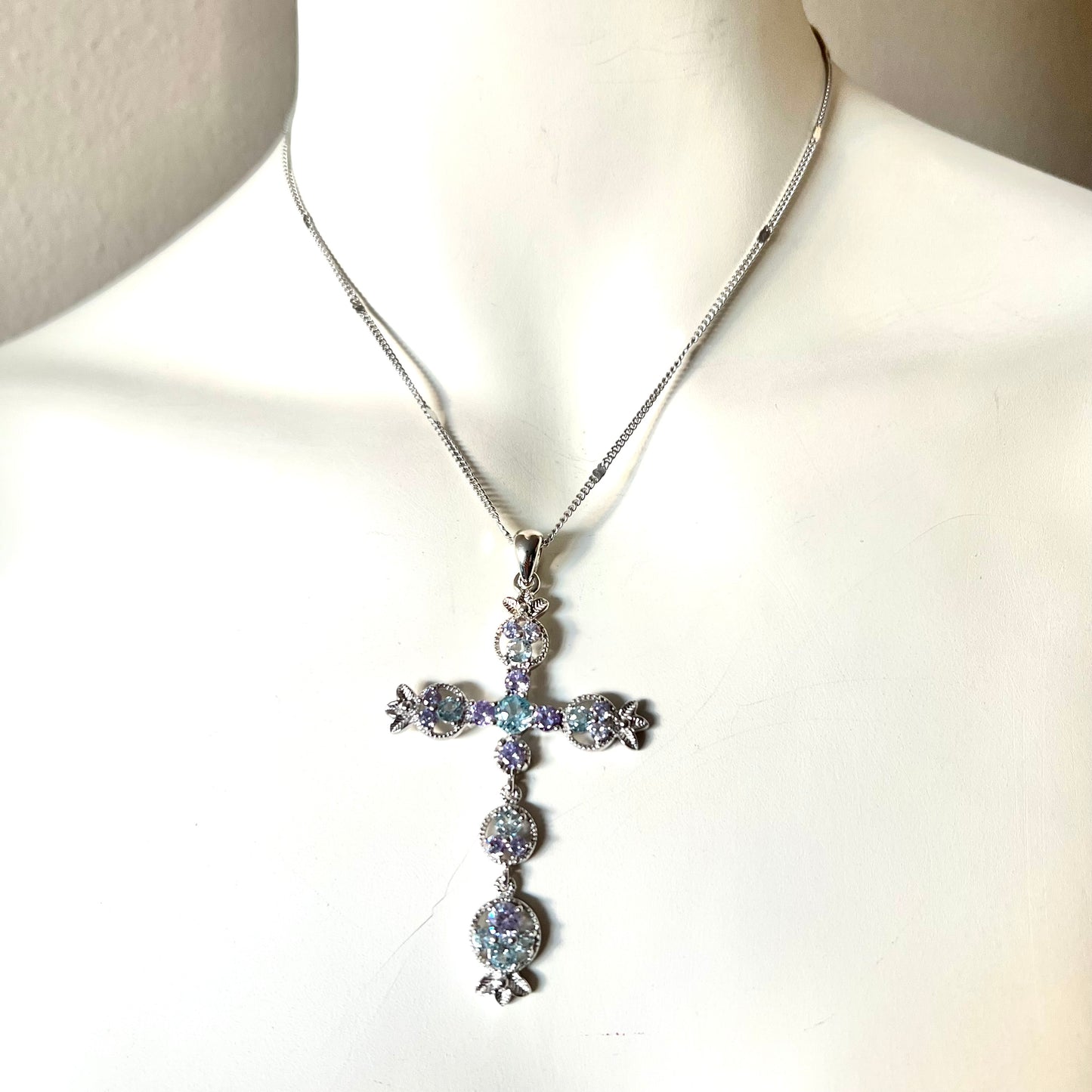 CONNY B. 925 Silver Blue & Purple Cross Pendant Necklace
