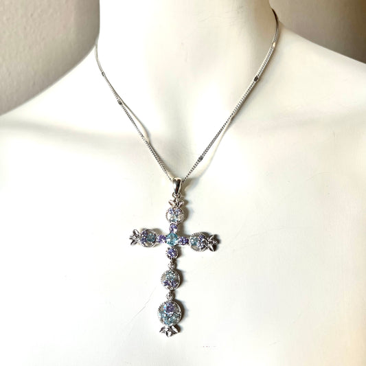 CONNY B. 925 Silver Blue & Purple Cross Pendant Necklace