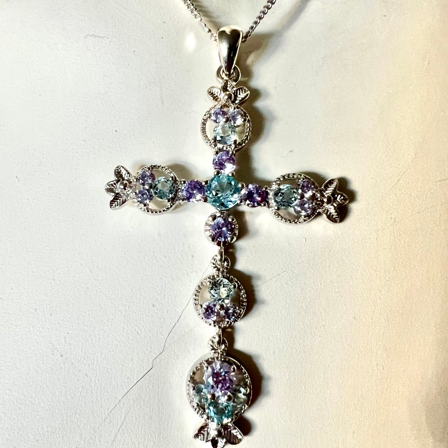 CONNY B. 925 Silver Blue & Purple Cross Pendant Necklace