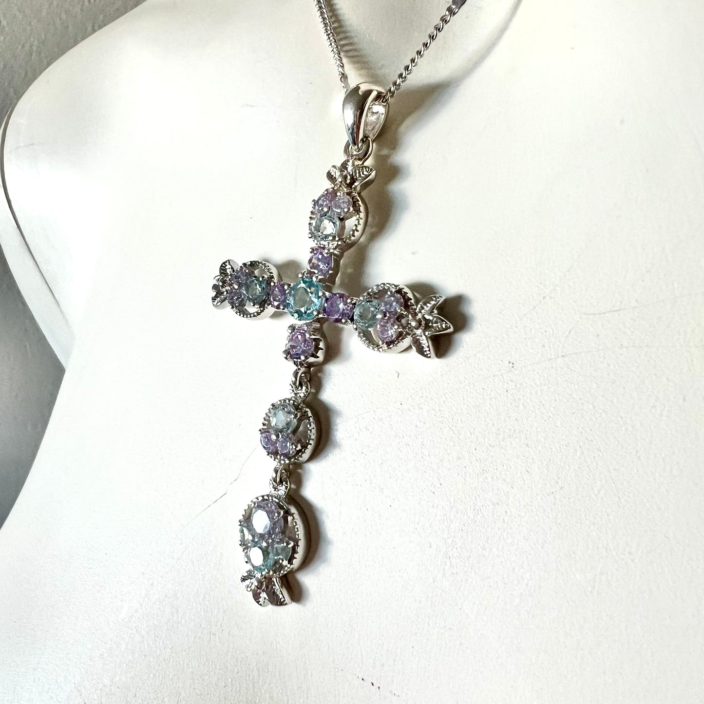CONNY B. 925 Silver Blue & Purple Cross Pendant Necklace