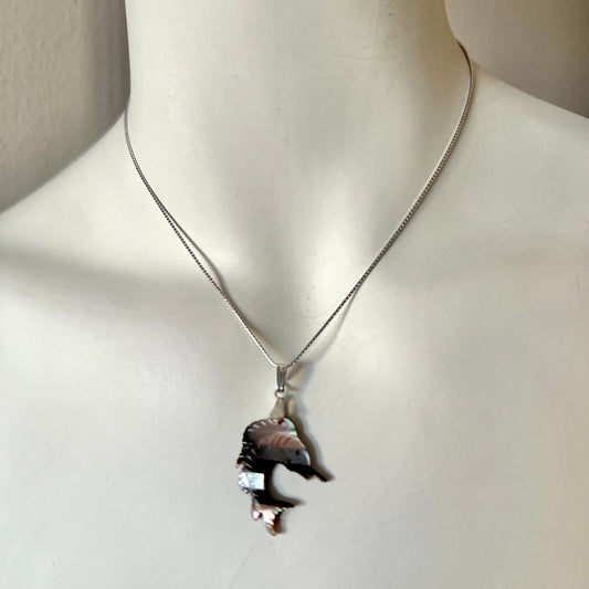 Nickel Silver Necklace with Multi Color Mother of Pearl Dolphin Pendant