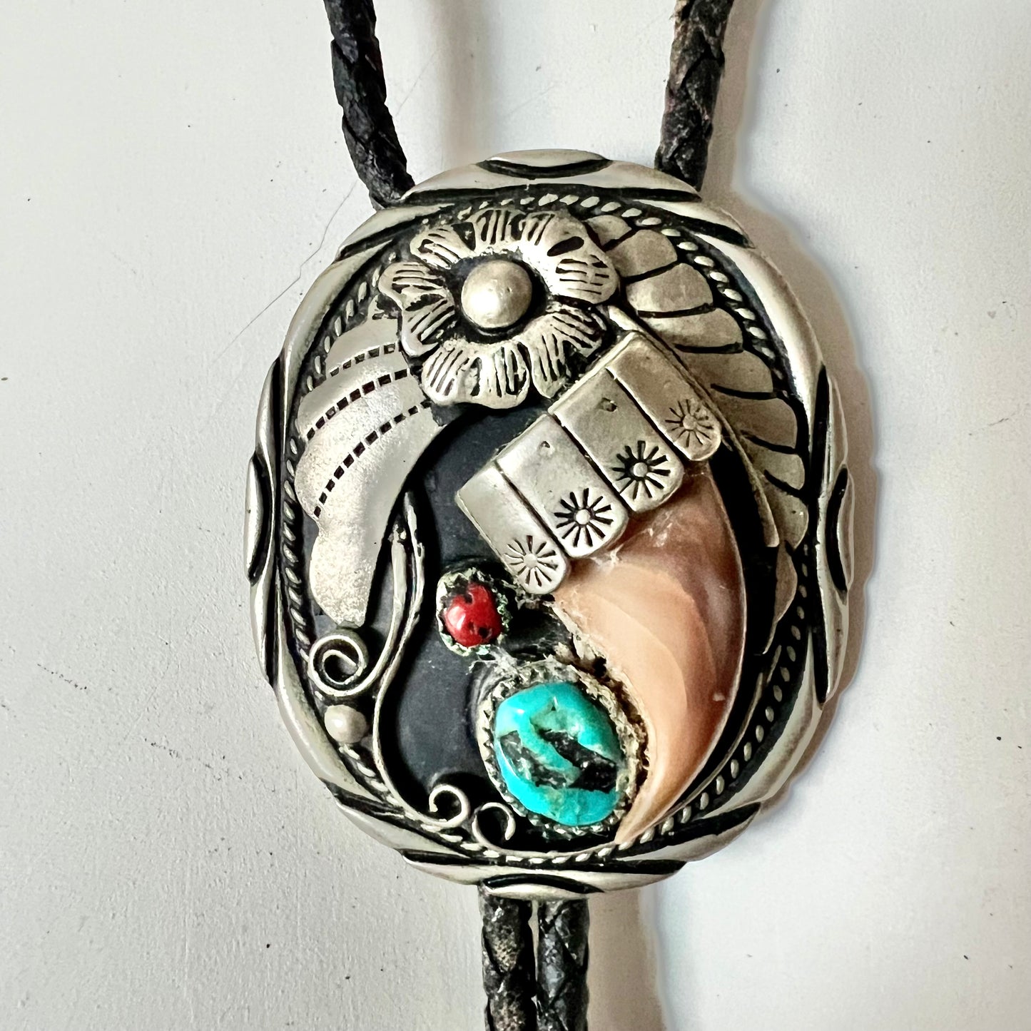 Silver Tone Bolo Genuine Bear Claw Turquoise Coral tie necklace