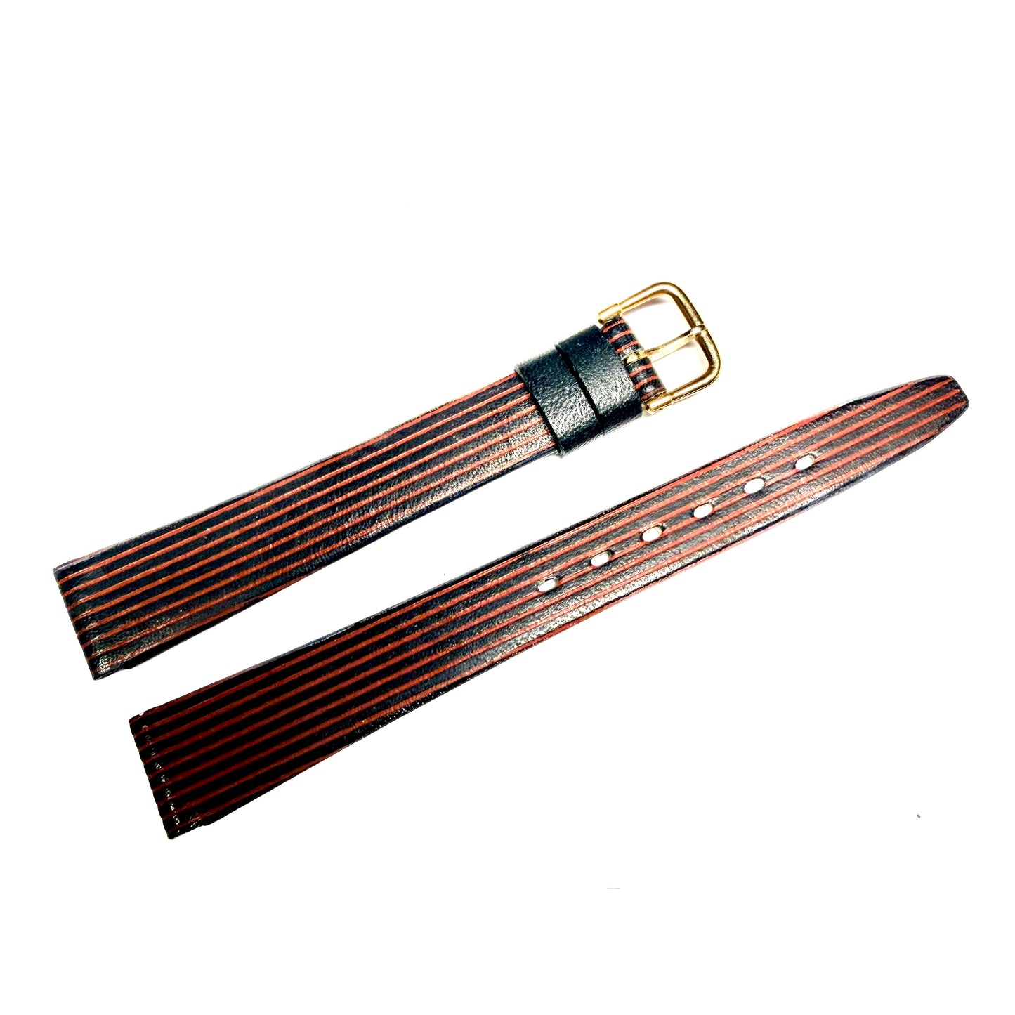 13/10mm Black with Red Stripes Genuine Leather Strap Band with Gold Tone Buckle