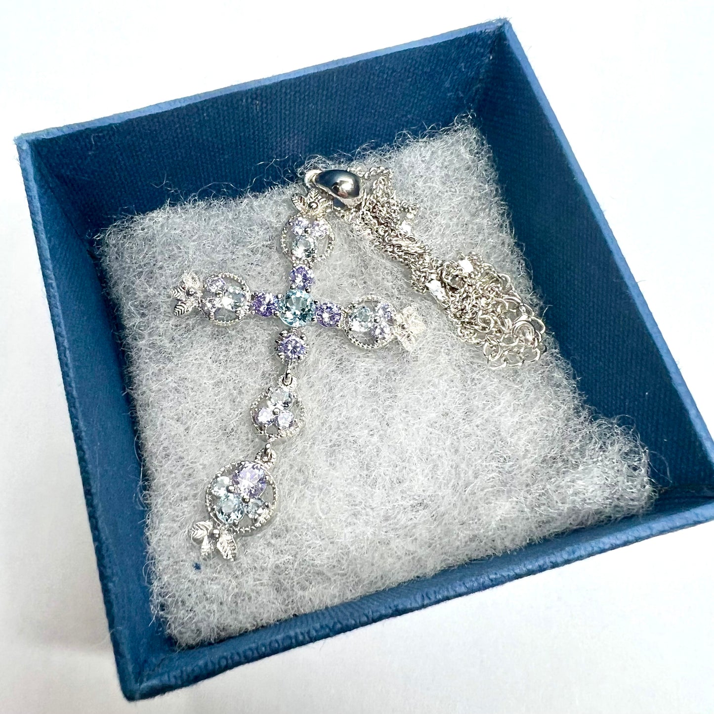 CONNY B. 925 Silver Blue & Purple Cross Pendant Necklace