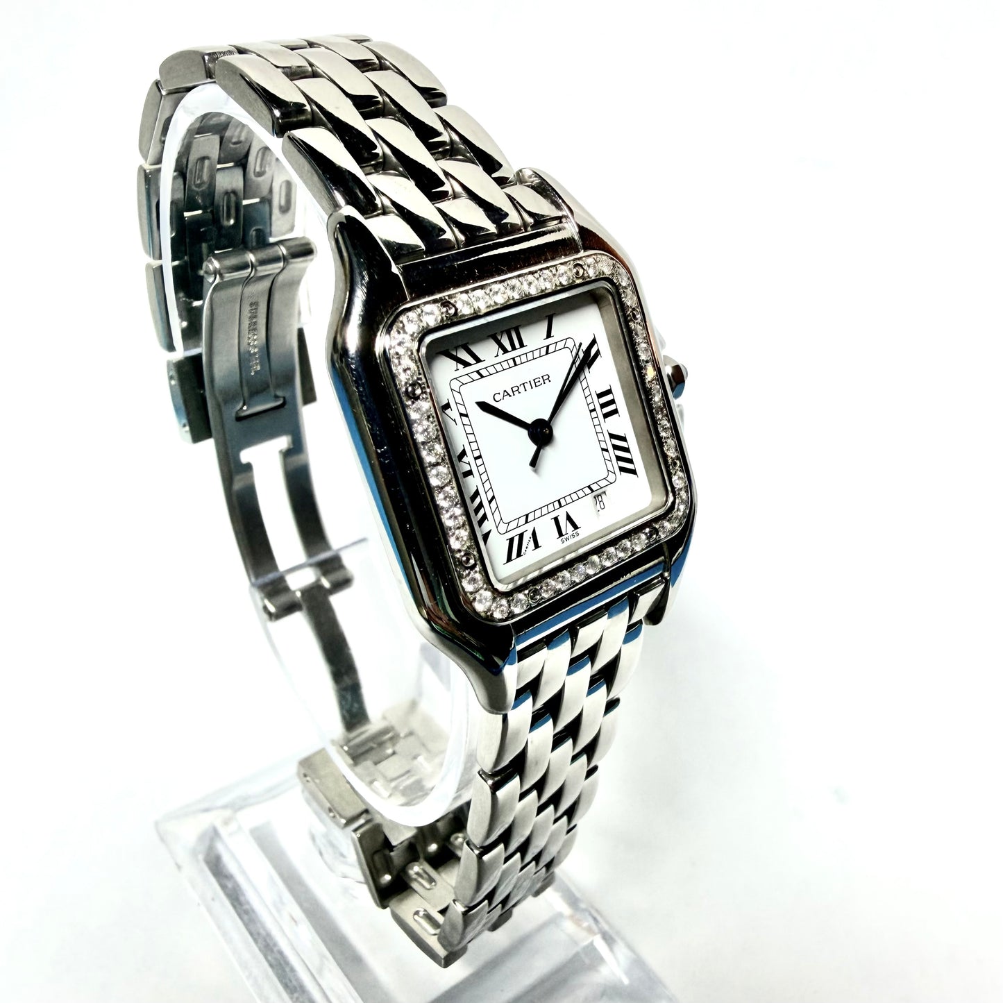CARTIER PANTHERE Quartz 27mm Steel 0.48TCW Diamond Watch NEW Model White Dial