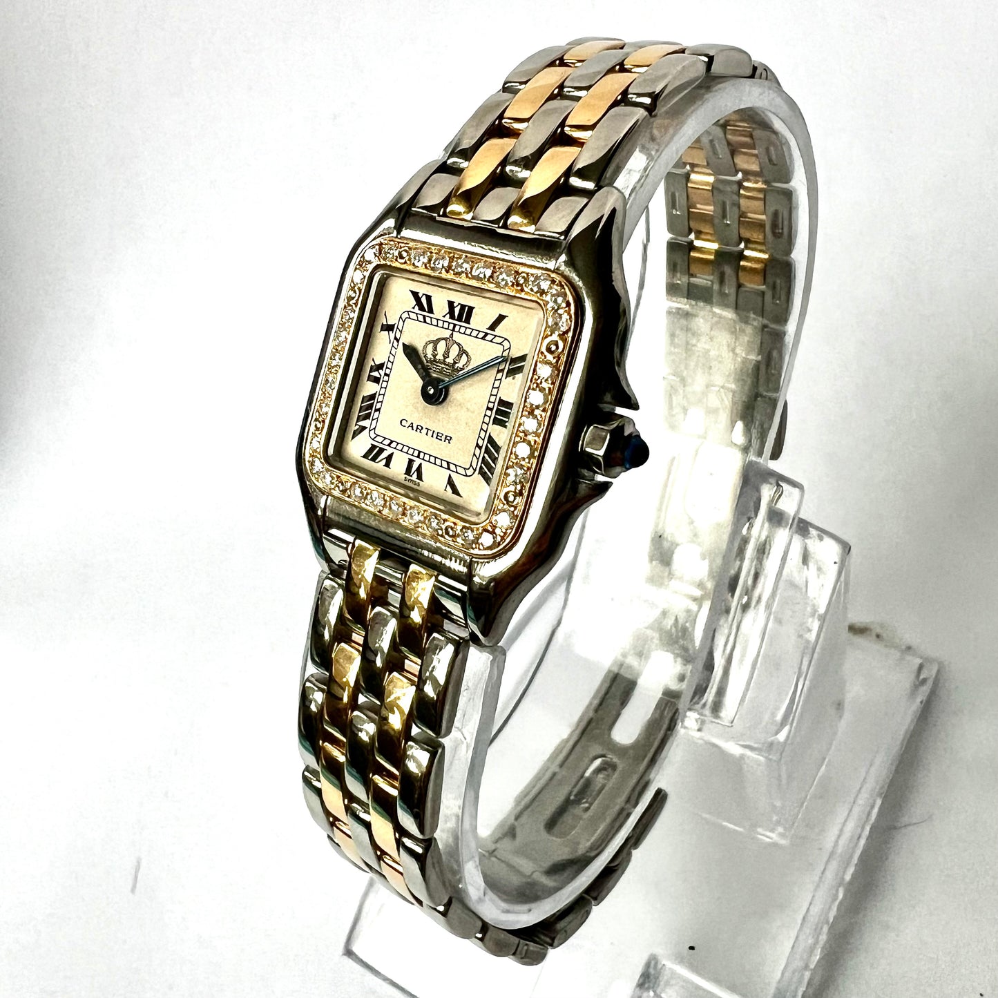 CARTIER PANTHERE Quartz 23mm 2 Row Gold 0.33TCW Diamond Watch Royal Jordanian Crown Emblem Dial