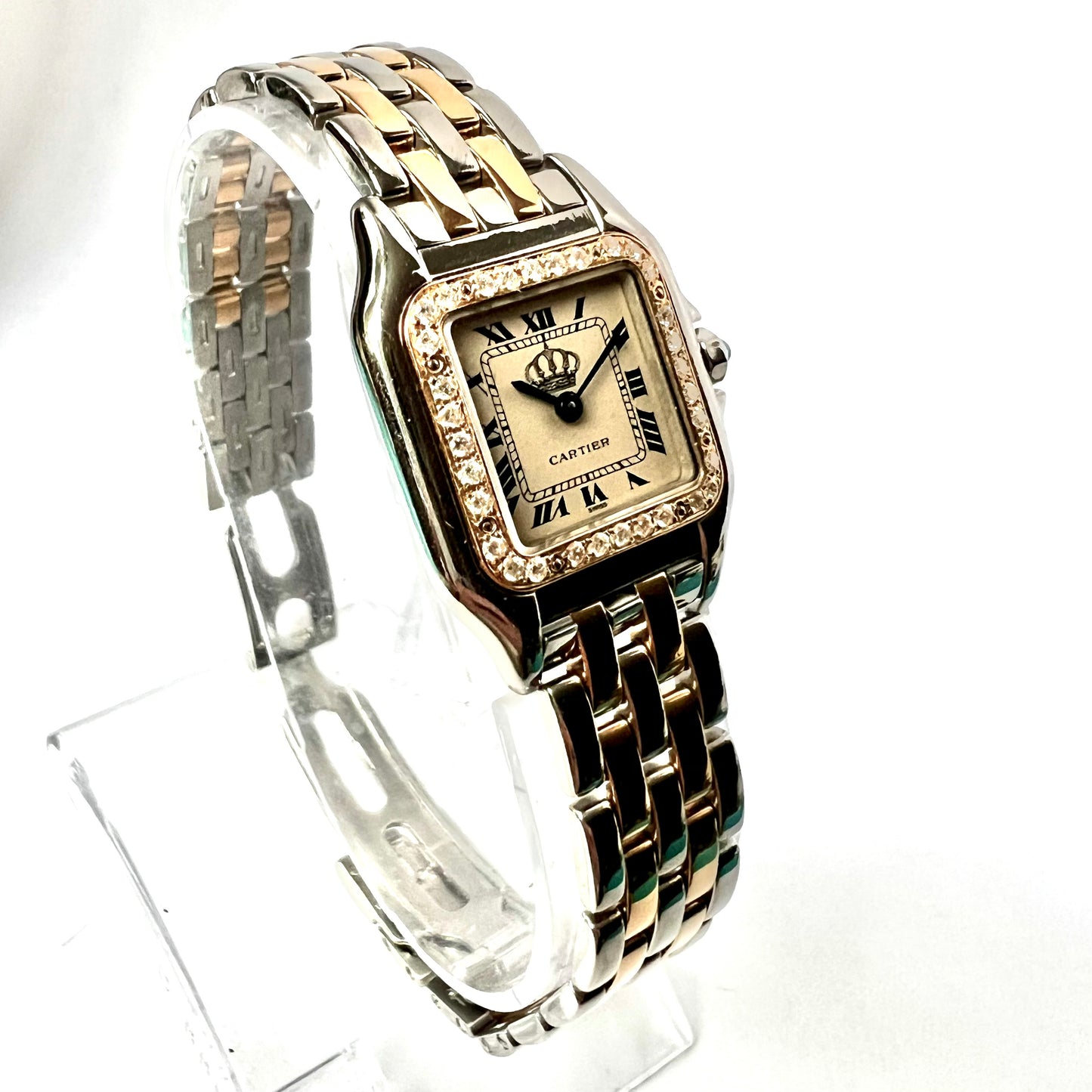 CARTIER PANTHERE Quartz 23mm 2 Row Gold 0.33TCW Diamond Watch Royal Jordanian Crown Emblem Dial