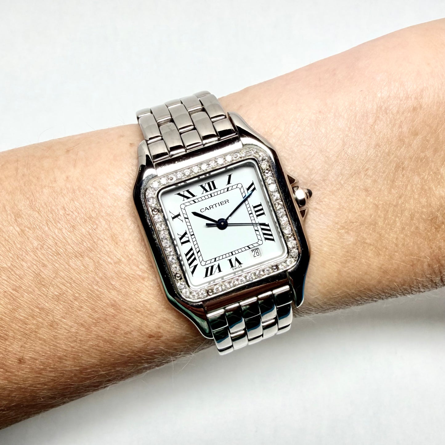 CARTIER PANTHERE Quartz 27mm Steel 0.48TCW Diamond Watch NEW Model White Dial
