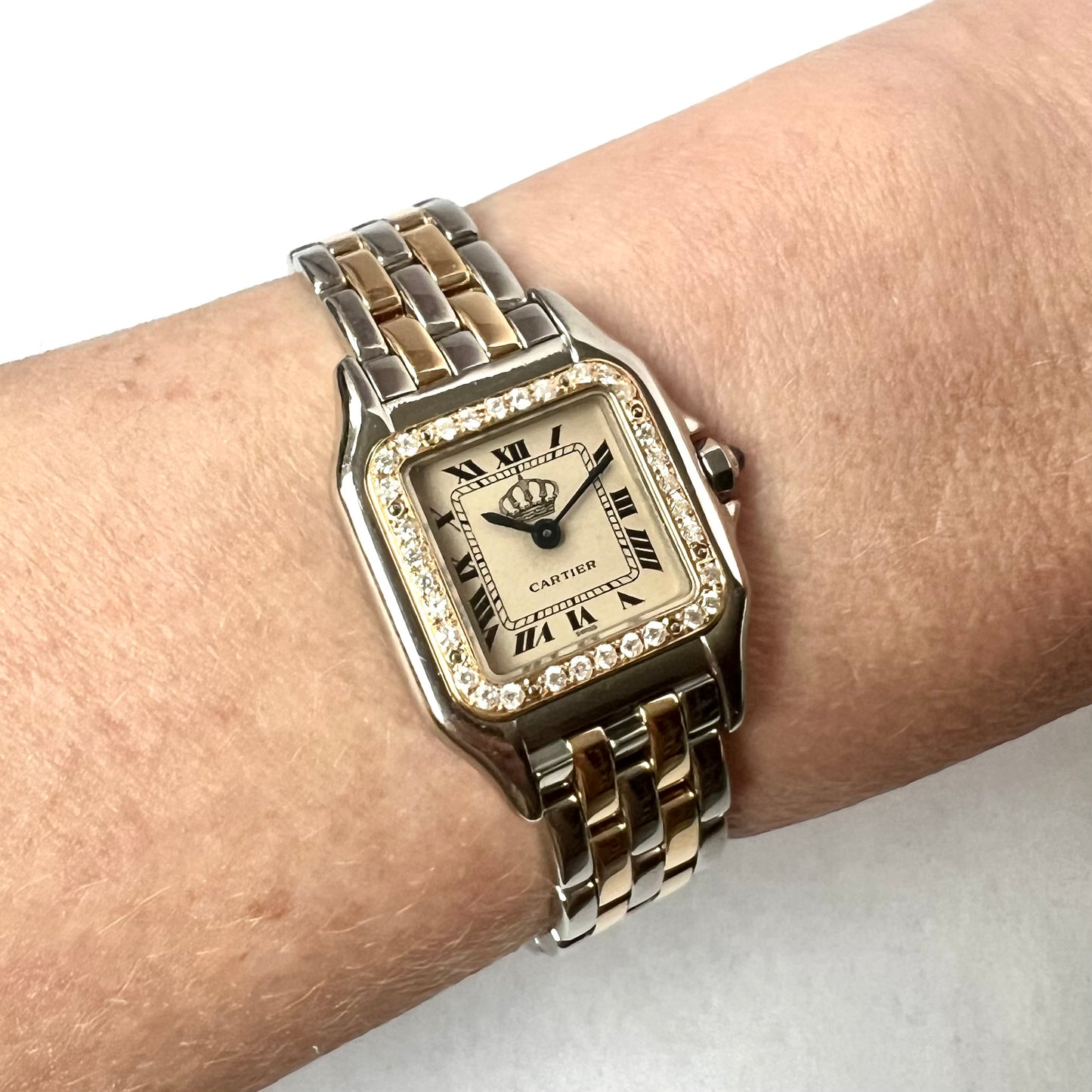 CARTIER PANTHERE Quartz 23mm 2 Row Gold 0.33TCW Diamond Watch Royal Jordanian Crown Emblem Dial