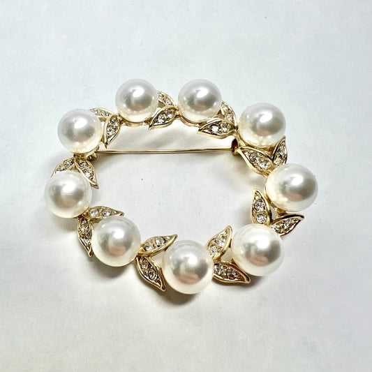 Natural White Pearls & White Crystals Gold Tone Brooch