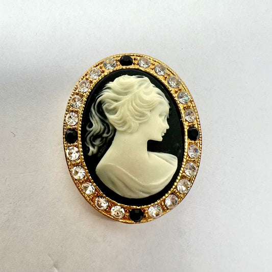 Elegant Gold Tone and Black Cameo Brooch/Pendant w/ White & Black Crystals