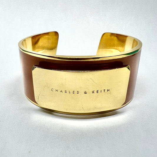 Charles & Keith Brass Gold Tone and Orange Enamel Cuff Statement Bracelet