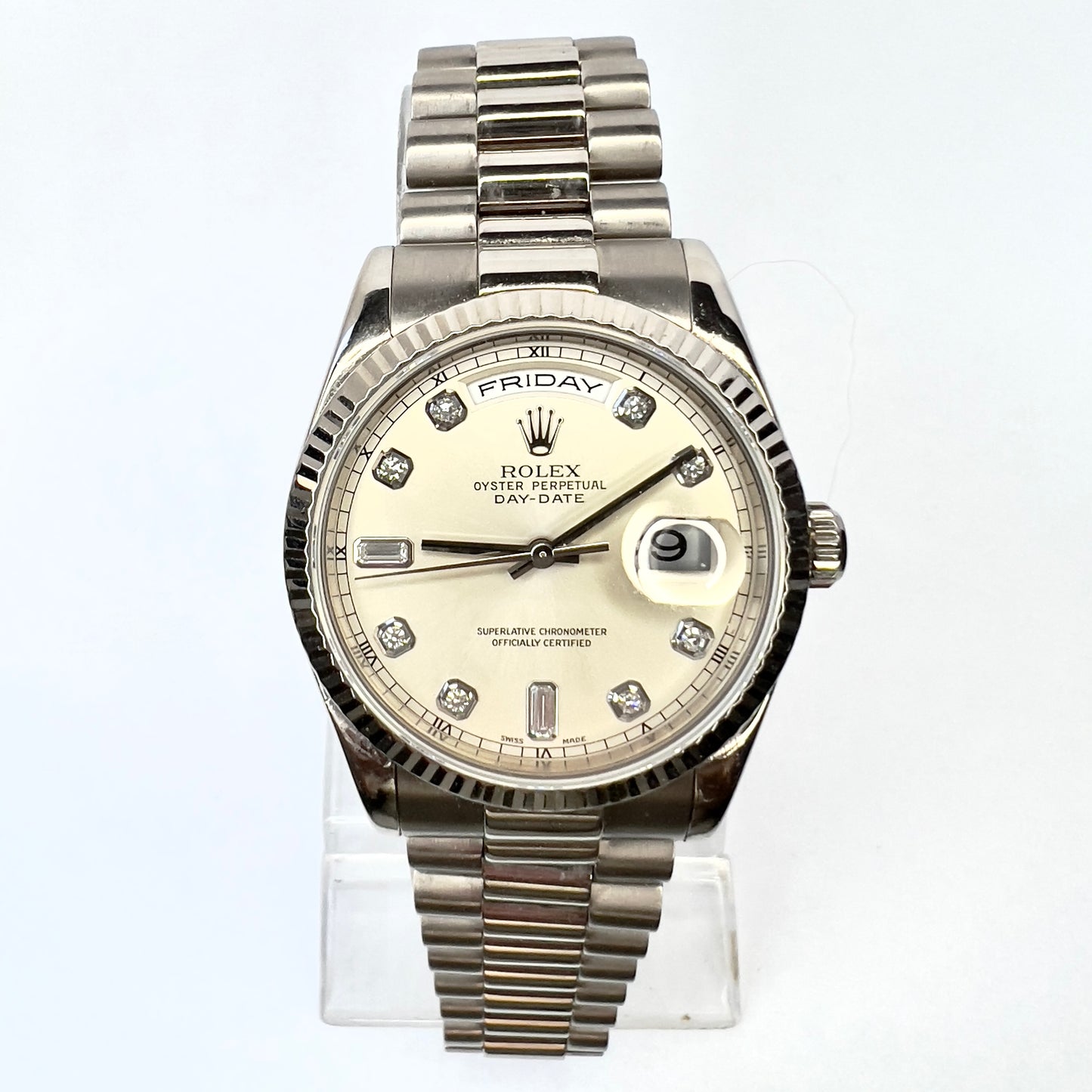 ROLEX OYSTER PERPETUAL DAY-DATE Automatic 36mm 18K WG Factory Diamond Dial Watch
