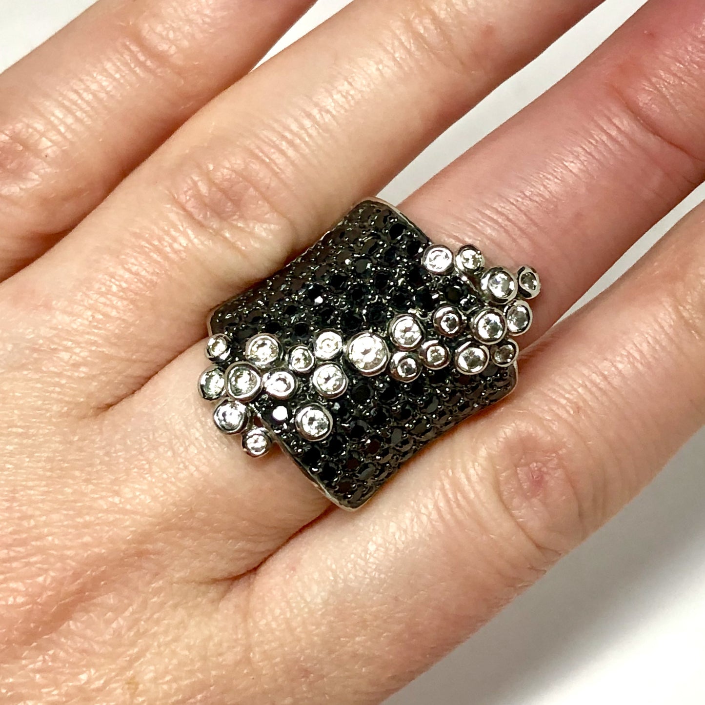 Steel Ring with Black & White Crystals Size 6.75