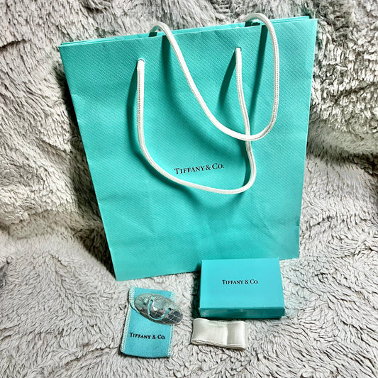 TIFFANY & CO. 925 Silver Book Page Holder in Pouch + Box + Shopping Bag + Ribbon