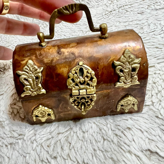 Antique Art Nouveau Cooper & Brass Trinity Box w/ Blue Velvet-Lined Interior