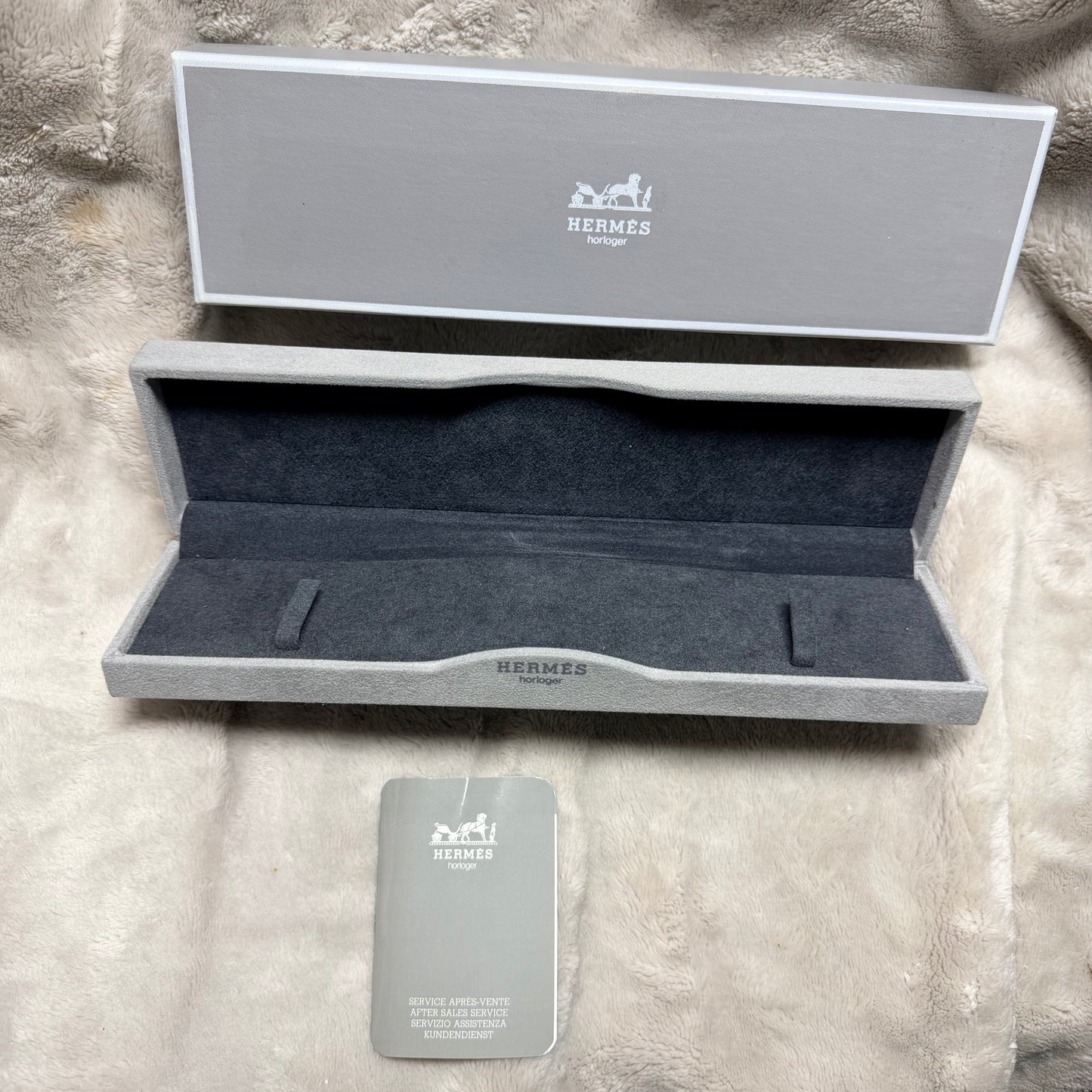 HERMES Gray Velvet  Box + Booklet + Outer Box 10.30x3x1.75 inches