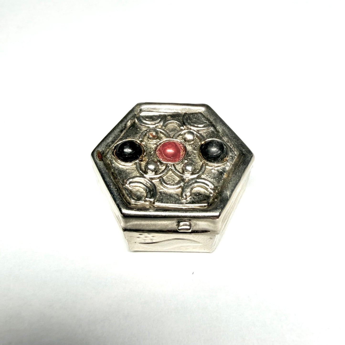 Vintage hand made silver-plated hexagonal trinket box with inset red & black stones