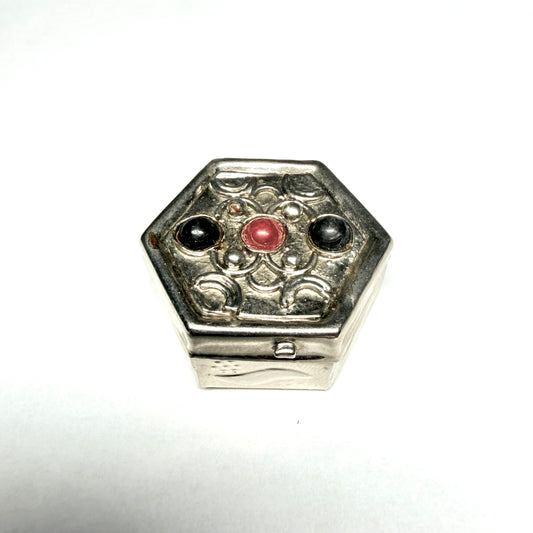 Vintage hand made silver-plated hexagonal trinket box with inset red & black stones