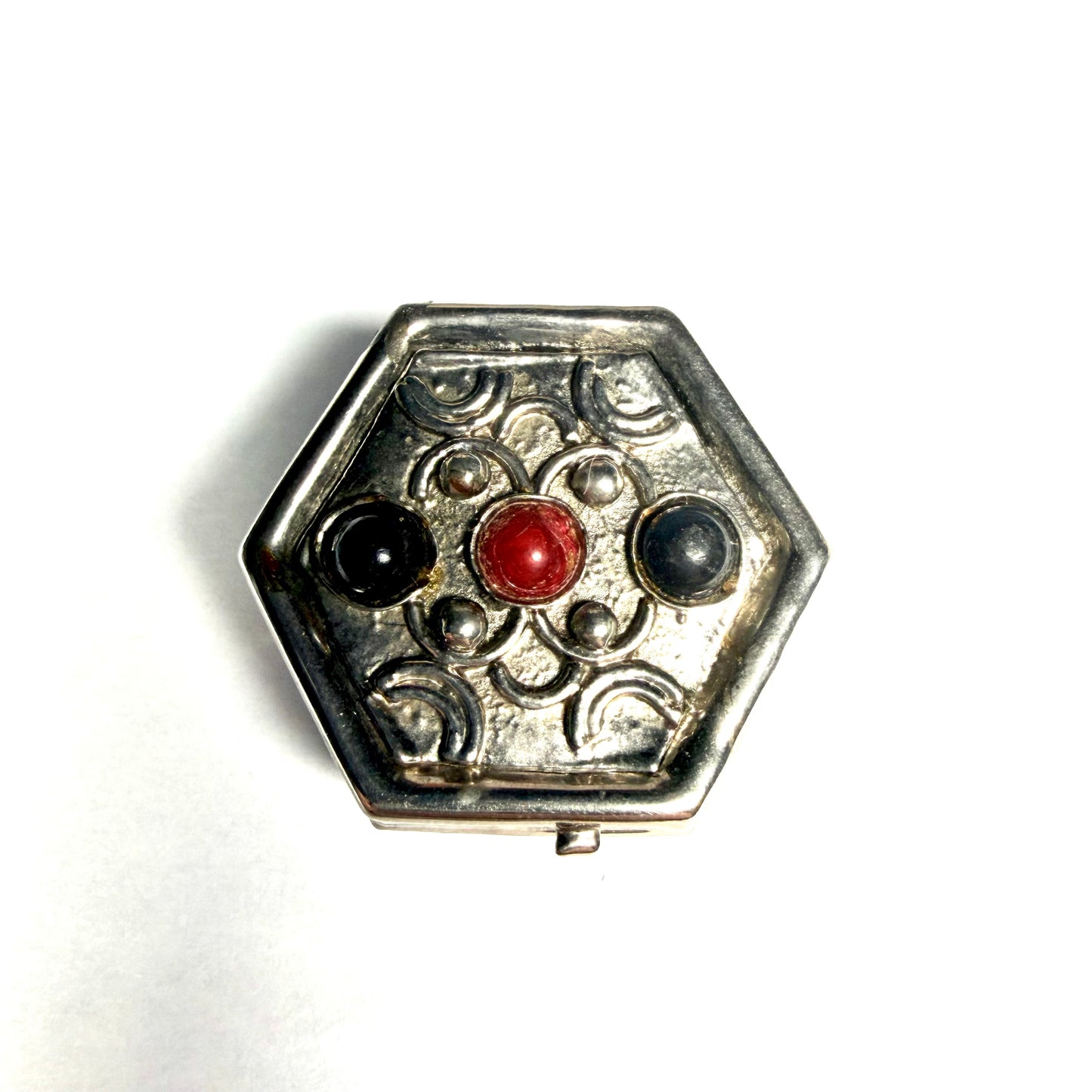 Vintage hand made silver-plated hexagonal trinket box with inset red & black stones