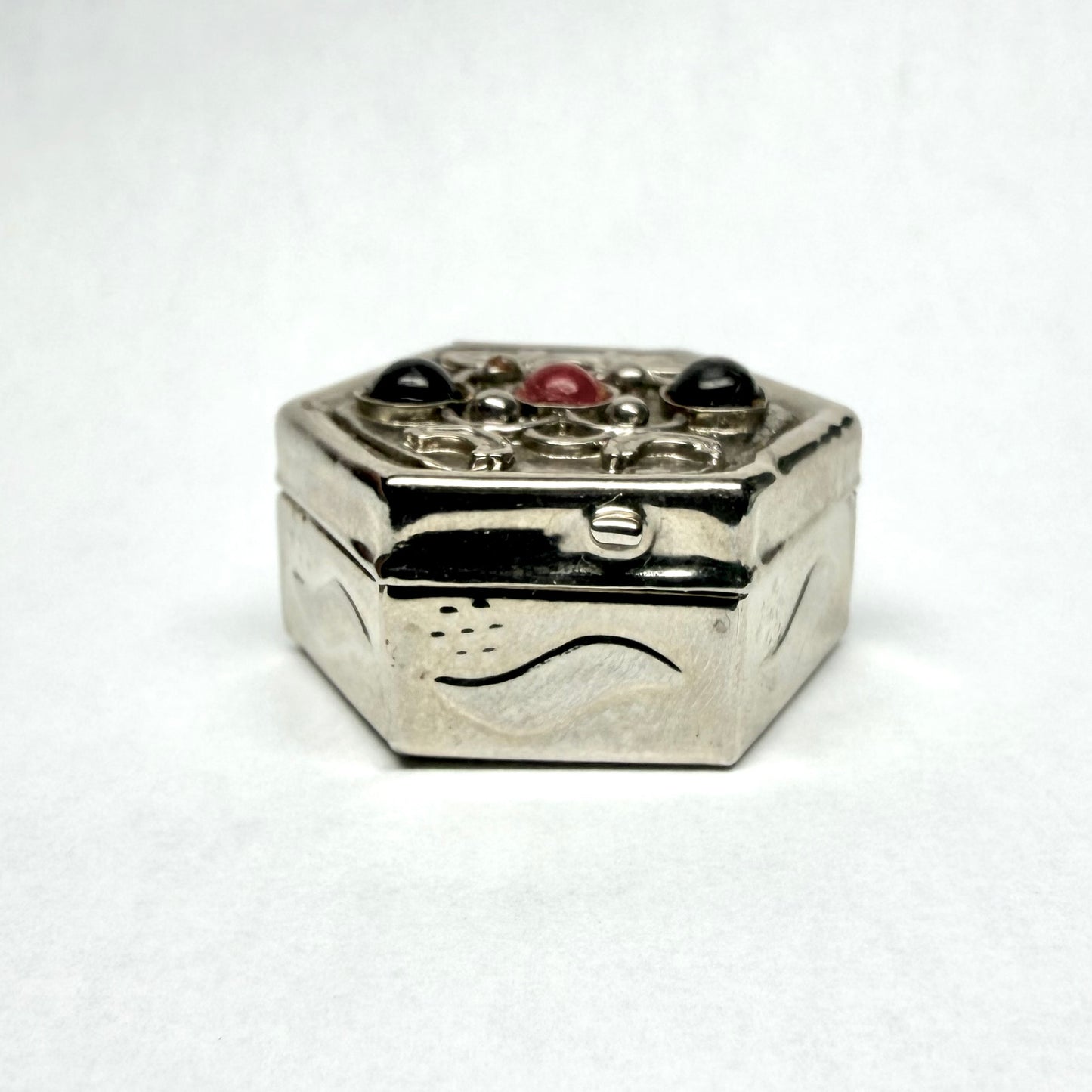 Vintage hand made silver-plated hexagonal trinket box with inset red & black stones