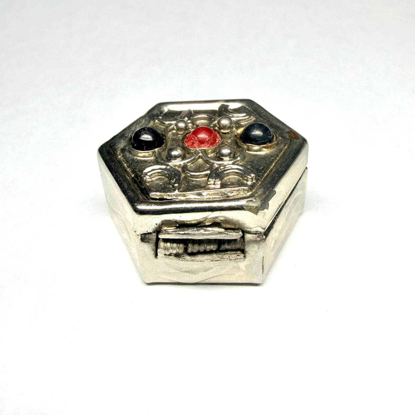 Vintage hand made silver-plated hexagonal trinket box with inset red & black stones