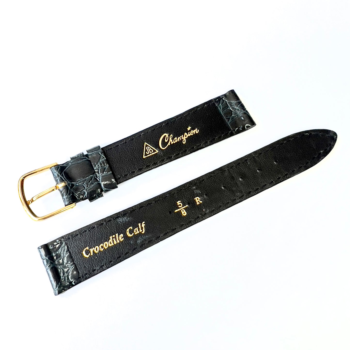 CHAMPION 16/15mm L Shiny Navy Blue Crocodile Calf Leather Strap Band with Gold Tone Buckle