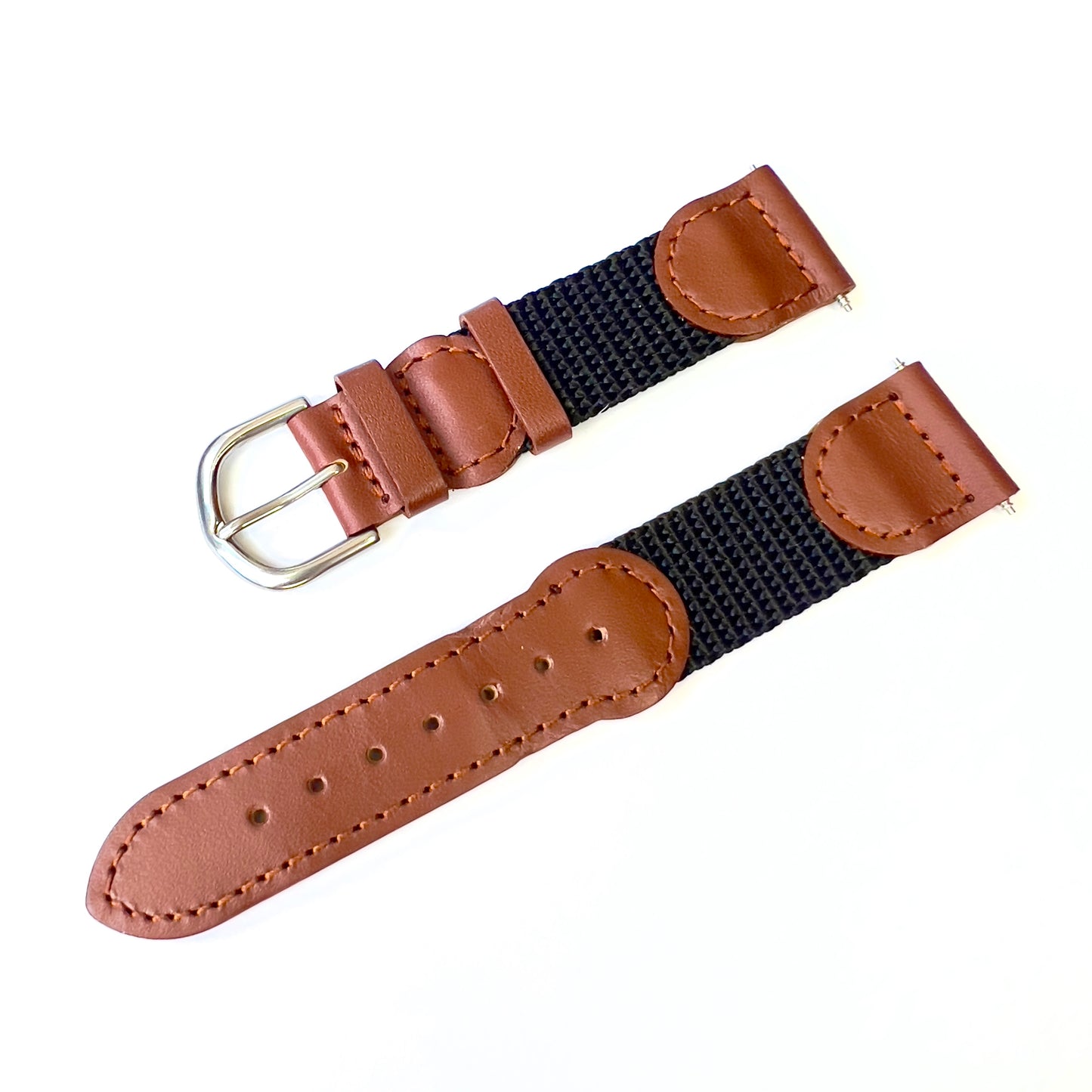 19/16mm R Brown Leather/Black Fabric Strap Band with Silver Tone Buckle & Pins