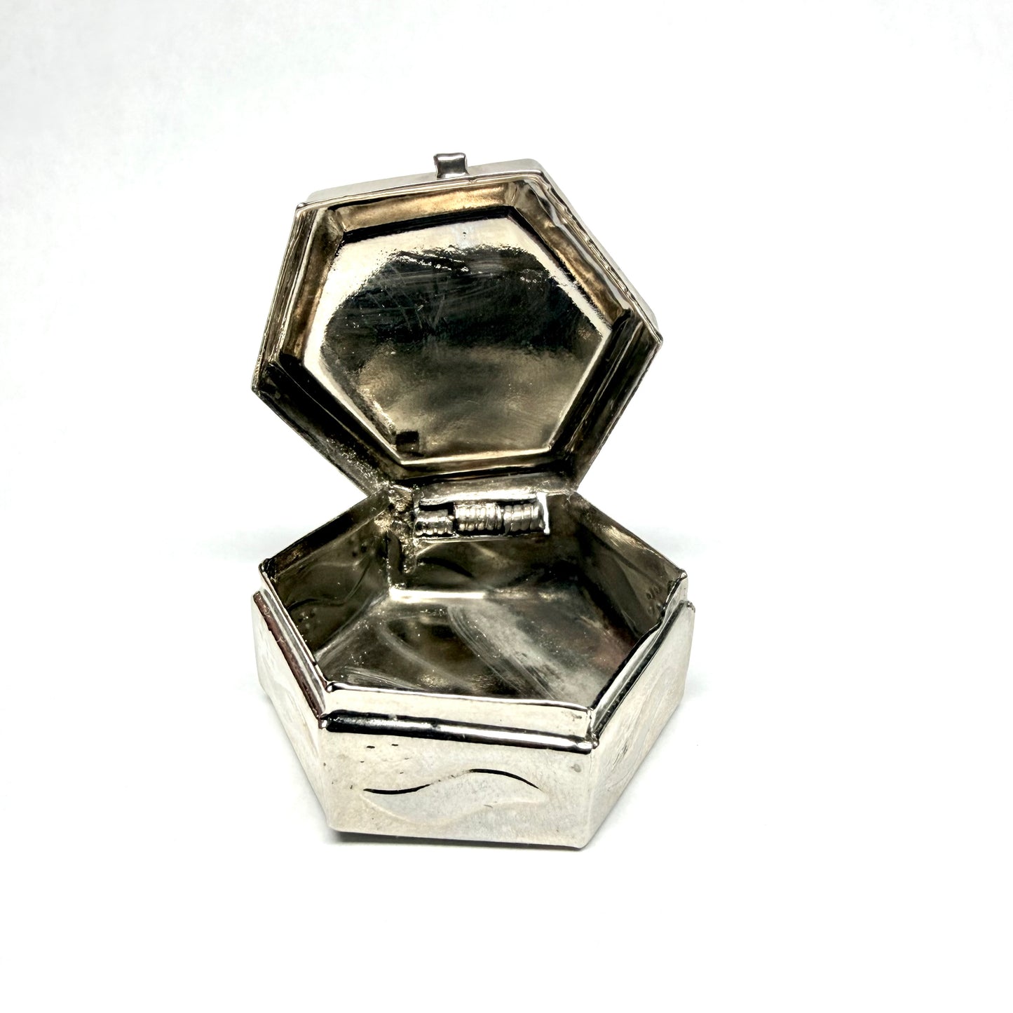 Vintage hand made silver-plated hexagonal trinket box with inset red & black stones