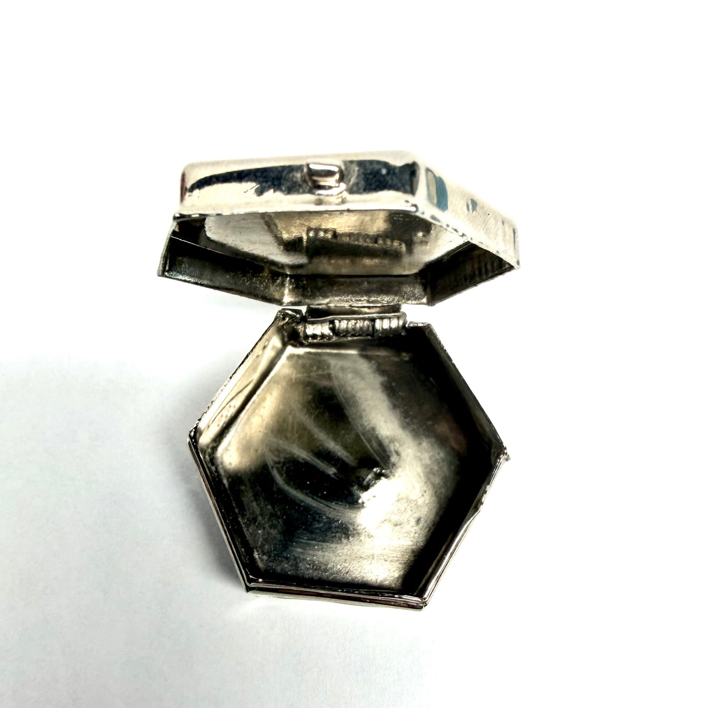 Vintage hand made silver-plated hexagonal trinket box with inset red & black stones