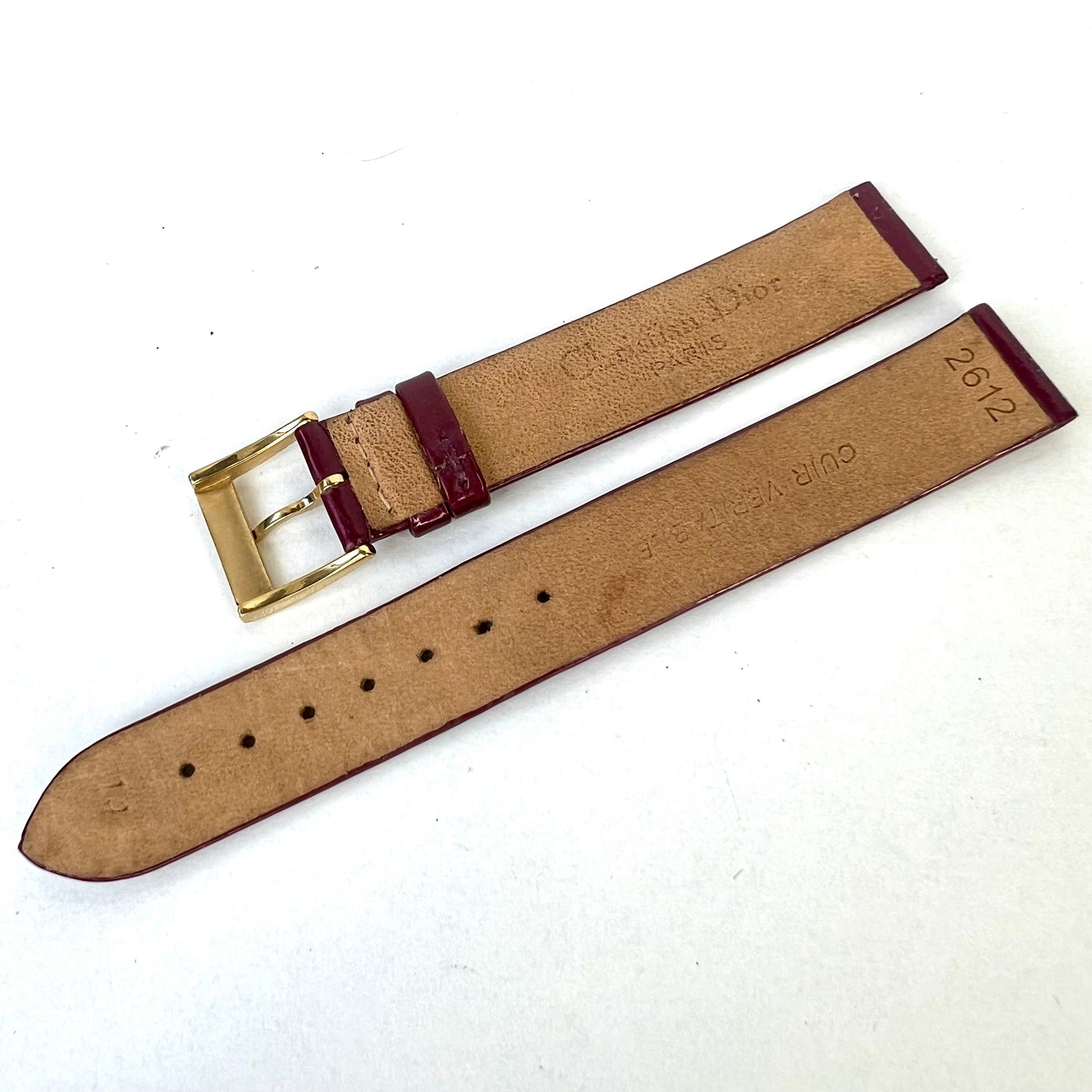 NEW Old Stock Authentic CHRISTIAN DIOR Burgundy Patent Leather 14/14mm Strap/Band with DIOR Gold Tone Buckle