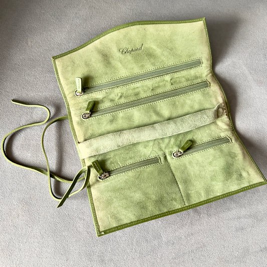 CHOPARD Genuine Green Leather Jewelry Pouch Case 8.75x 3.5x1 inches
