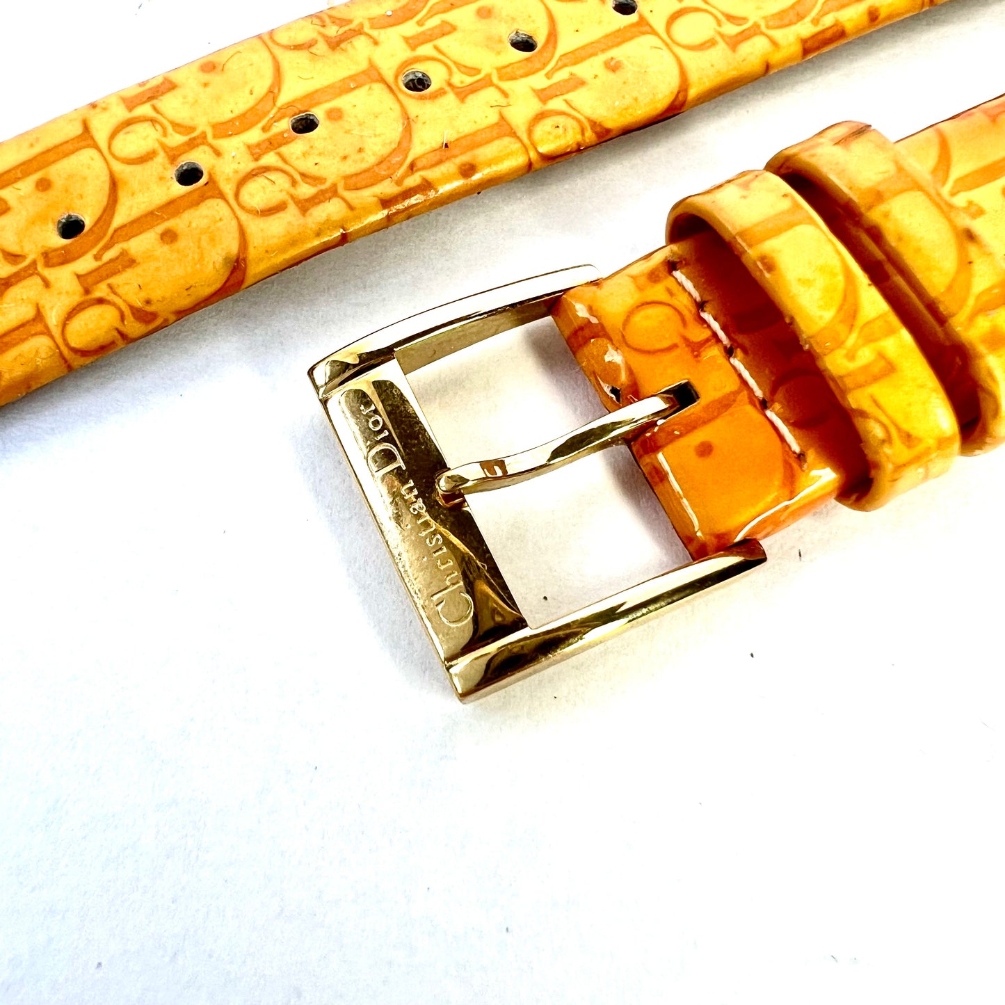 NEW Old Stock Authentic CHRISTIAN DIOR Yellow Leather 14/14mm Strap/Band with DIOR Gold Tone Buckle