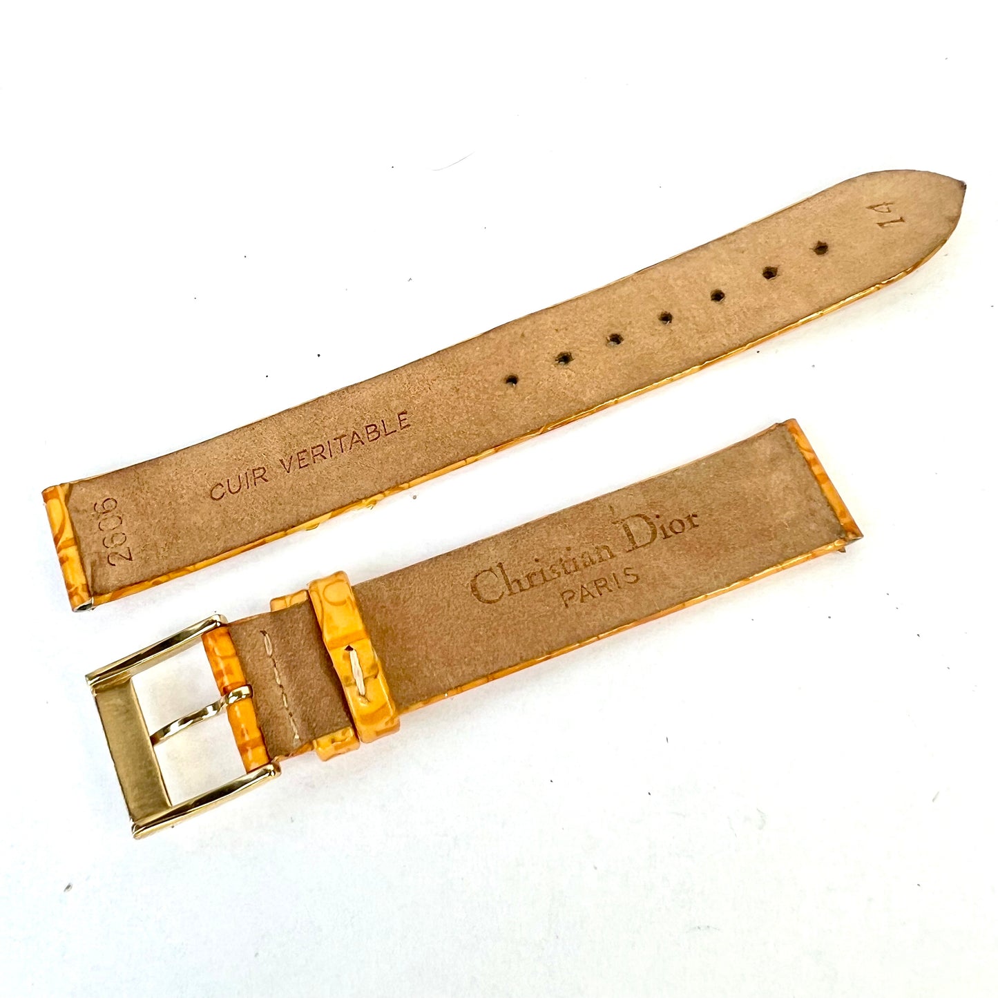 NEW Old Stock Authentic CHRISTIAN DIOR Yellow Leather 14/14mm Strap/Band with DIOR Gold Tone Buckle