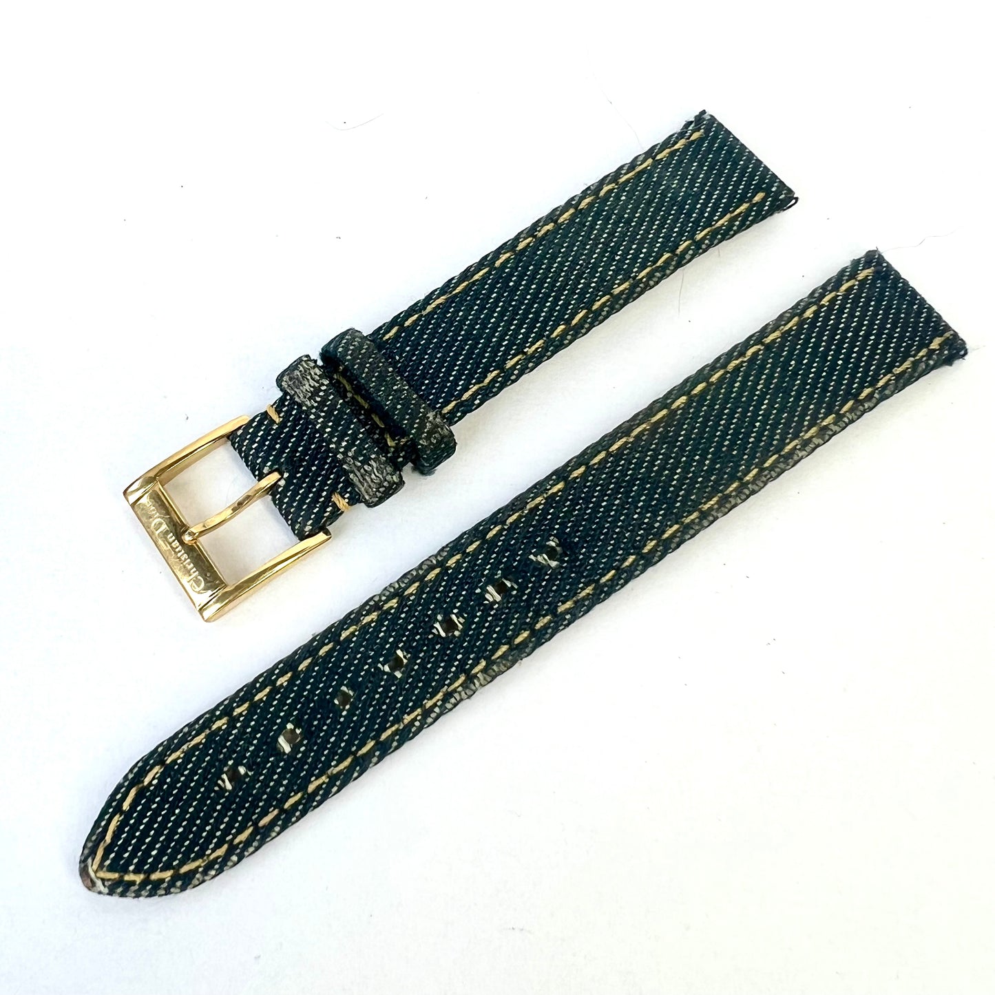 CHRISTIAN DIOR Blue Denim Fabric/Leather 14/14mm Strap/Band with DIOR Gold Tone Buckle