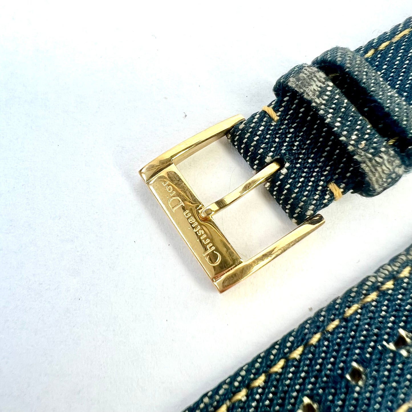 CHRISTIAN DIOR Blue Denim Fabric/Leather 14/14mm Strap/Band with DIOR Gold Tone Buckle