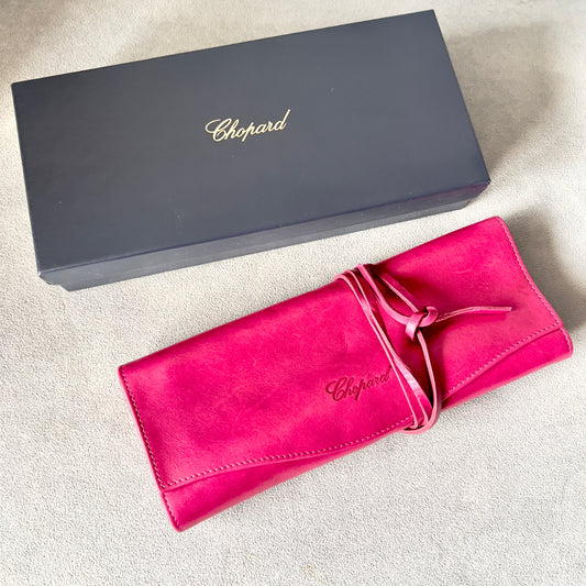 CHOPARD Genuine Soft Fuchsia Leather Jewelry Pouch + Outer Box 9x4.25x1.75 inches