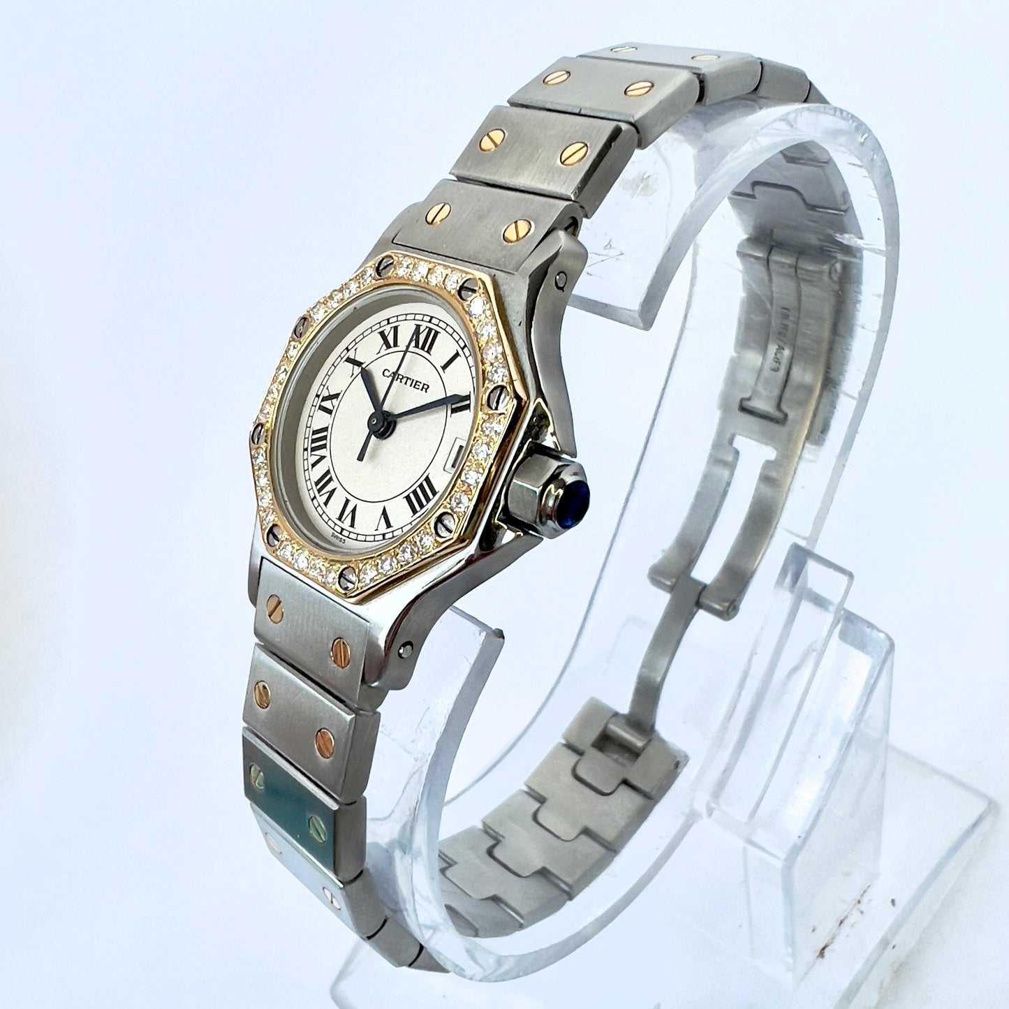 CARTIER SANTOS OCTAGON 25mm Quartz 2 Tone 0.40TCW Diamond Watch  NEW Model