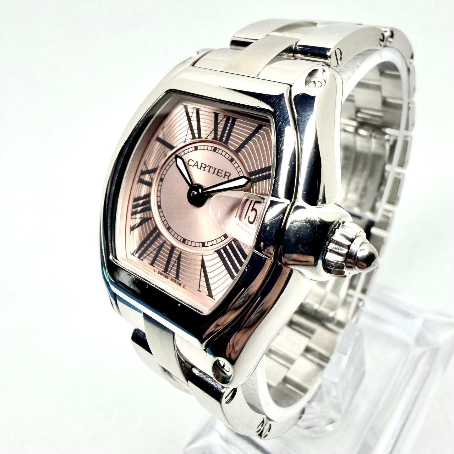 CARTIER ROADSTER Quartz 31mm Steel Watch Pink Dial
