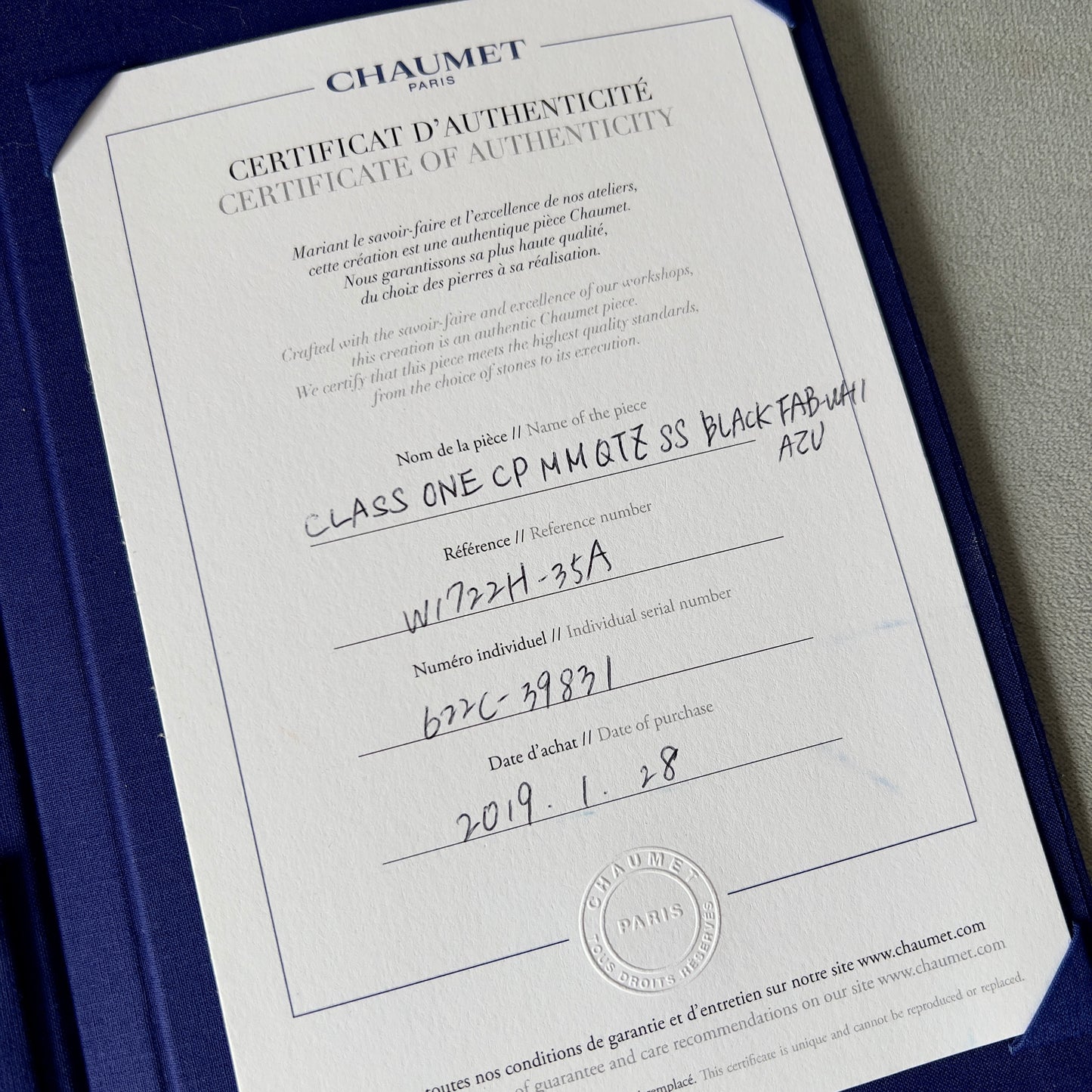 CHAUMET Filled Certificate in Folder