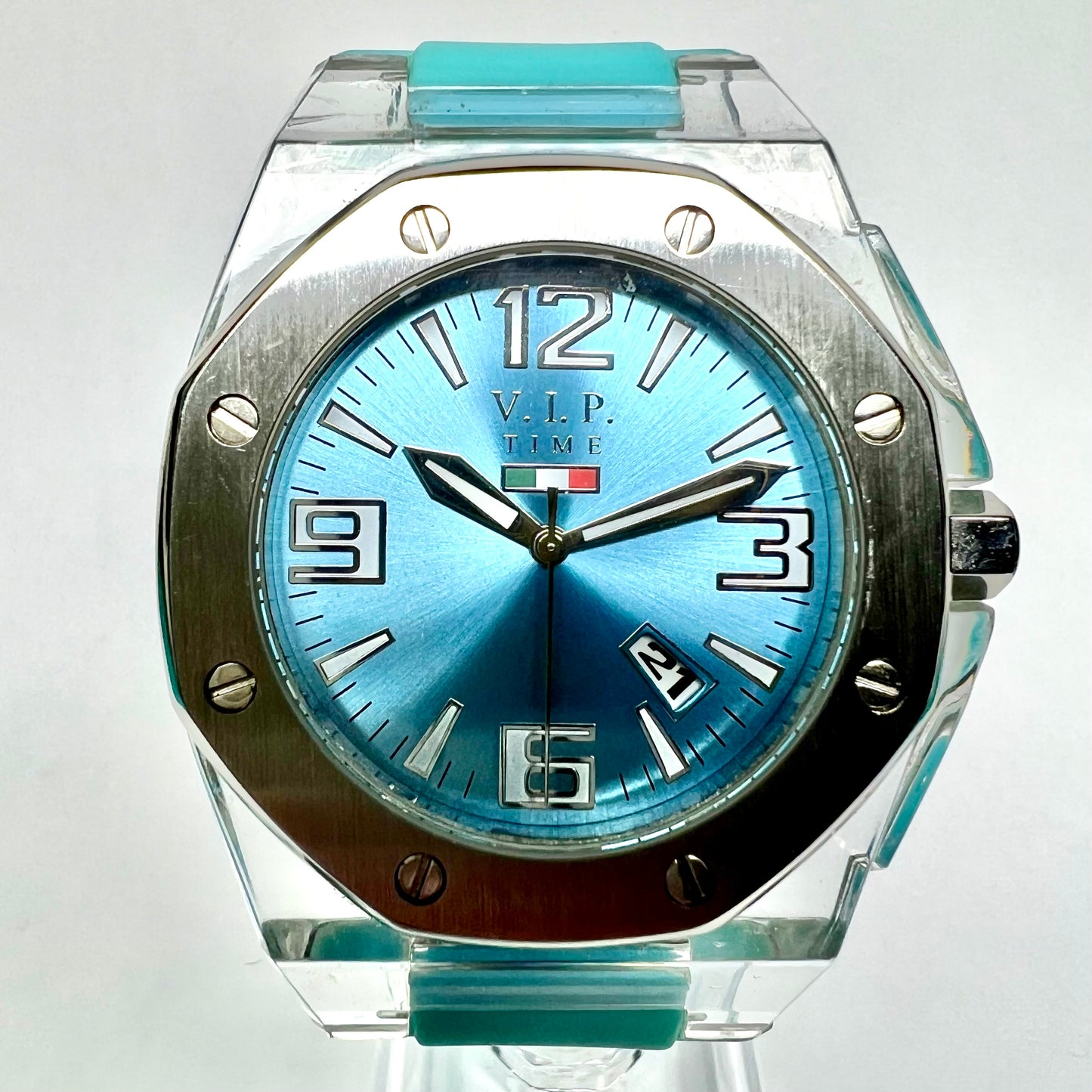V.I.P. Time Date Quartz 42mm Steel/Plastic Watch, Blue Dial, Blue Rubber Band