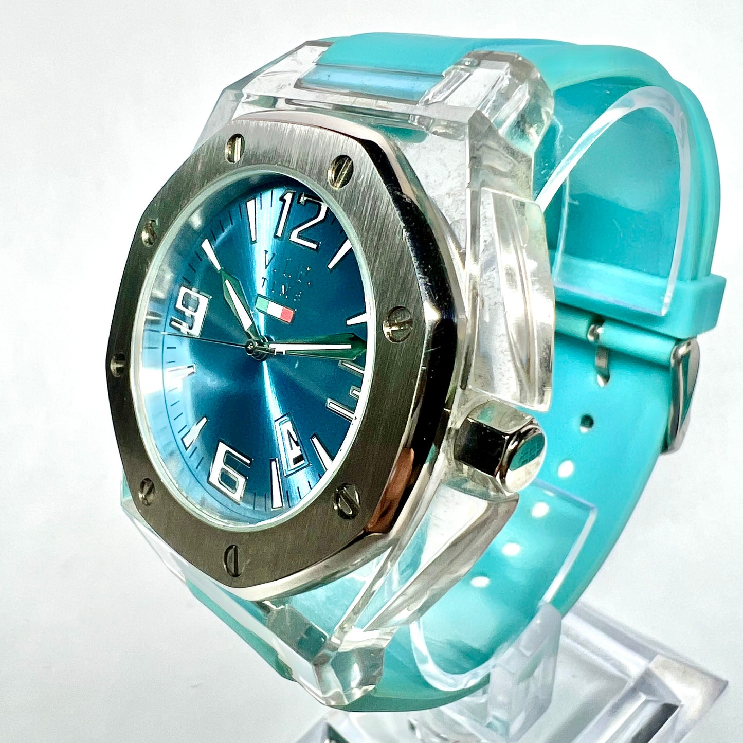 V.I.P. Time Date Quartz 42mm Steel/Plastic Watch, Blue Dial, Blue Rubber Band