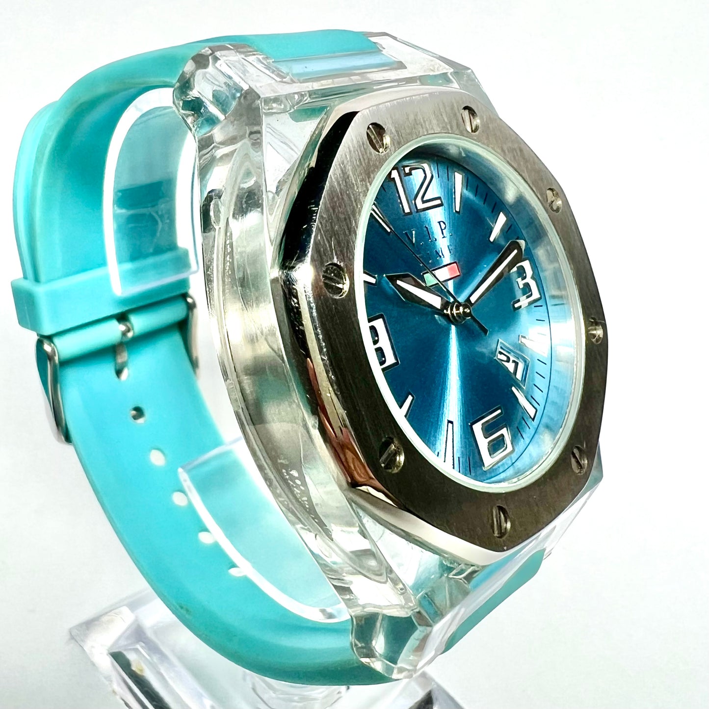 V.I.P. Time Date Quartz 42mm Steel/Plastic Watch, Blue Dial, Blue Rubber Band
