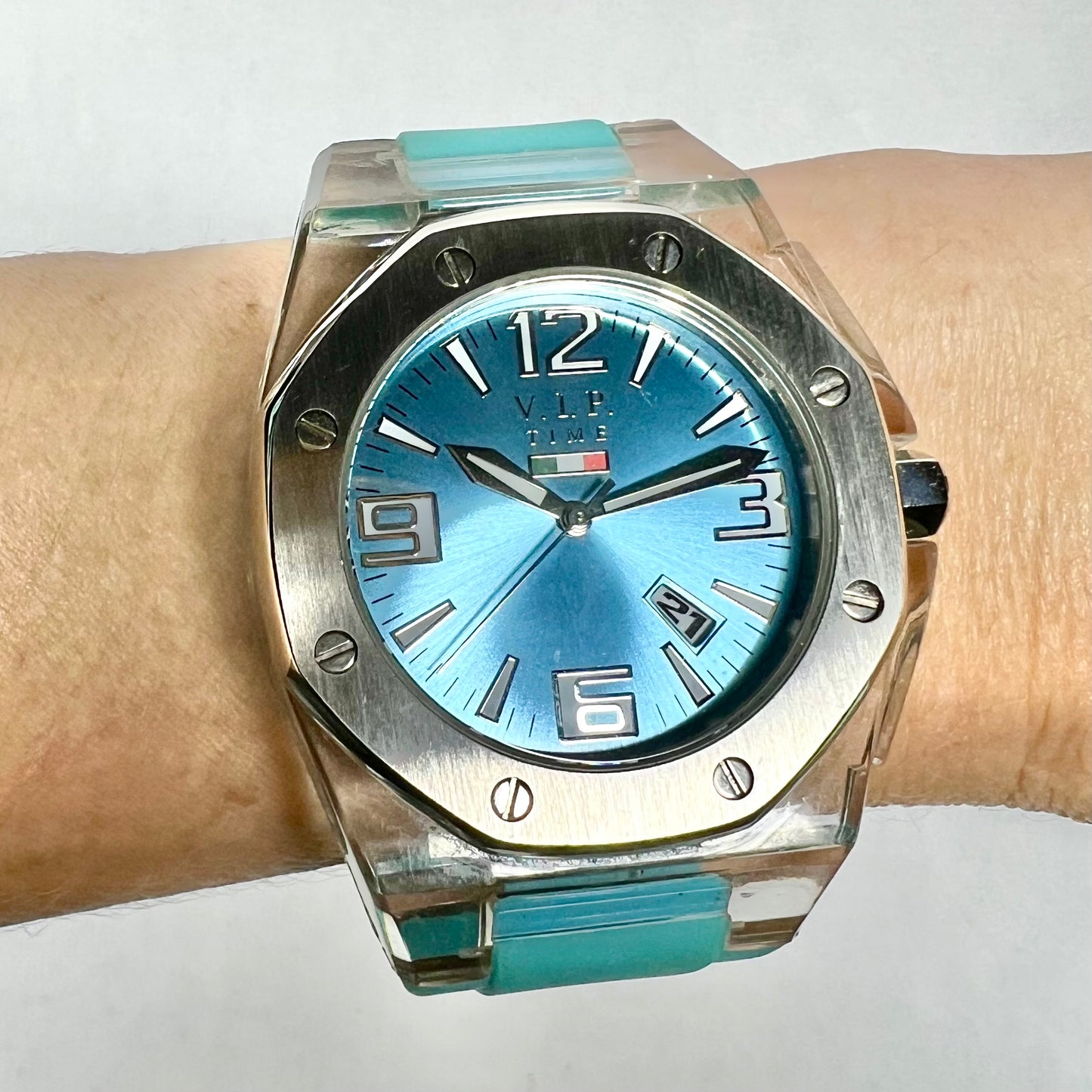 V.I.P. Time Date Quartz 42mm Steel/Plastic Watch, Blue Dial, Blue Rubber Band