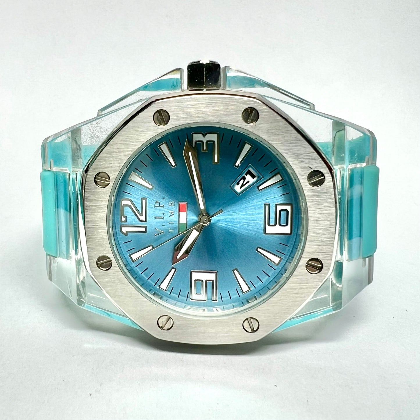V.I.P. Time Date Quartz 42mm Steel/Plastic Watch, Blue Dial, Blue Rubber Band