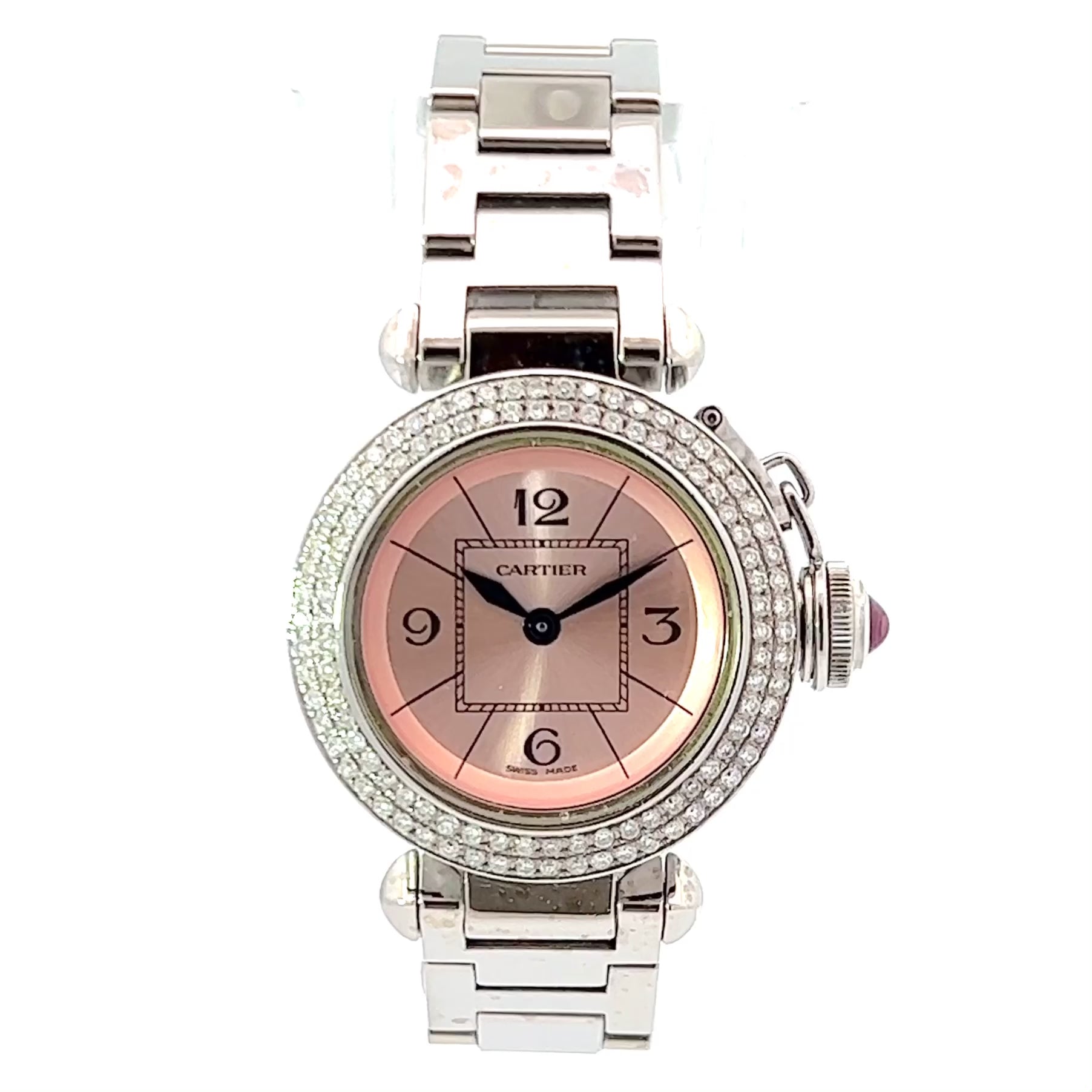 CARTIER PASHA Quartz 27mm Steel 0.73TCW DIAMOND Watch Pink Dial