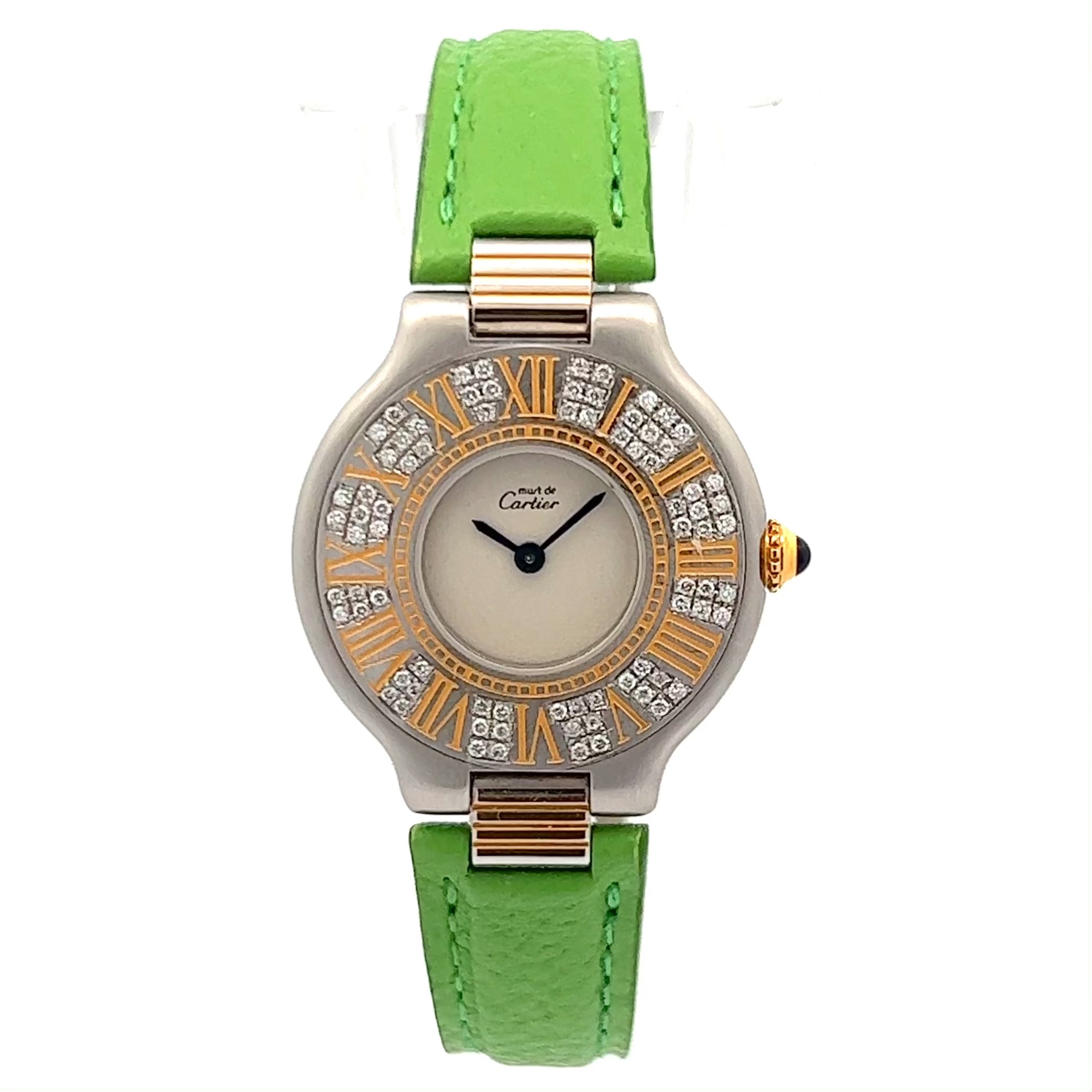 Elegant Cartier Must 21 Quartz Diamond Watch Green belt NATILUXIA