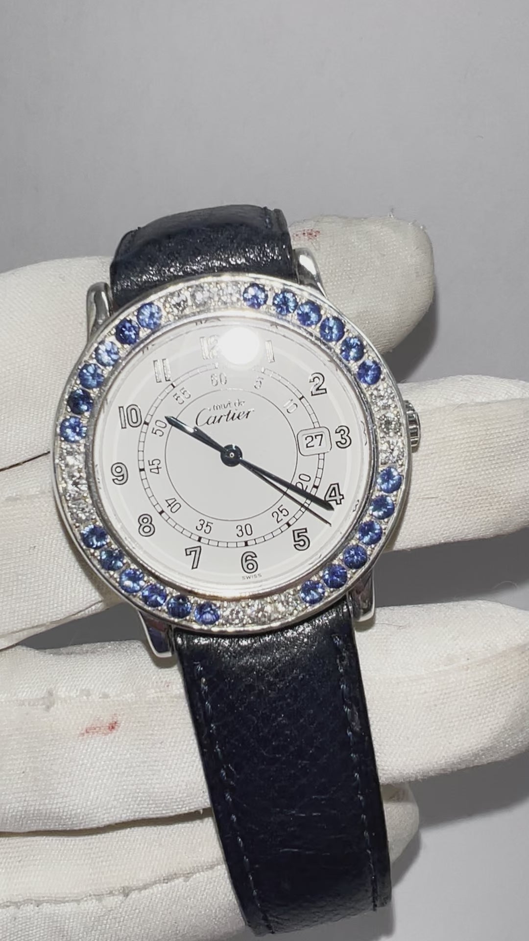 CARTIER RONDE 32mm Quartz Silver DIAMONDS Blue SAPPHIRES Watch