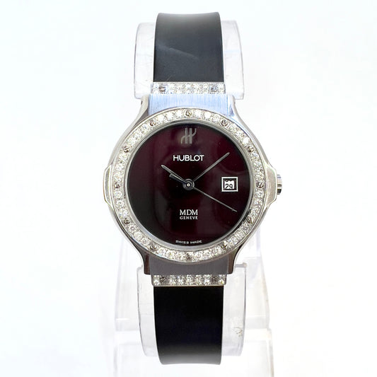 HUBLOT MDM Quartz Steel 28mm 0.48TCW DIAMOND Watch Burgundy Dial