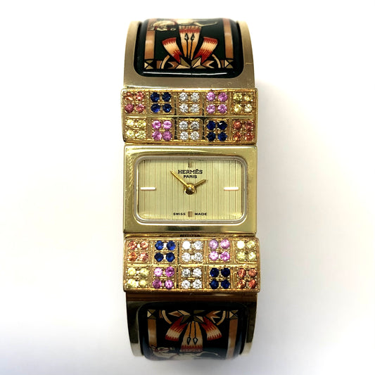 HERMÈS LOQUET Quartz 20mm Gold-Plated Multi-Color SAPPHIRES & DIAMONDS Watch